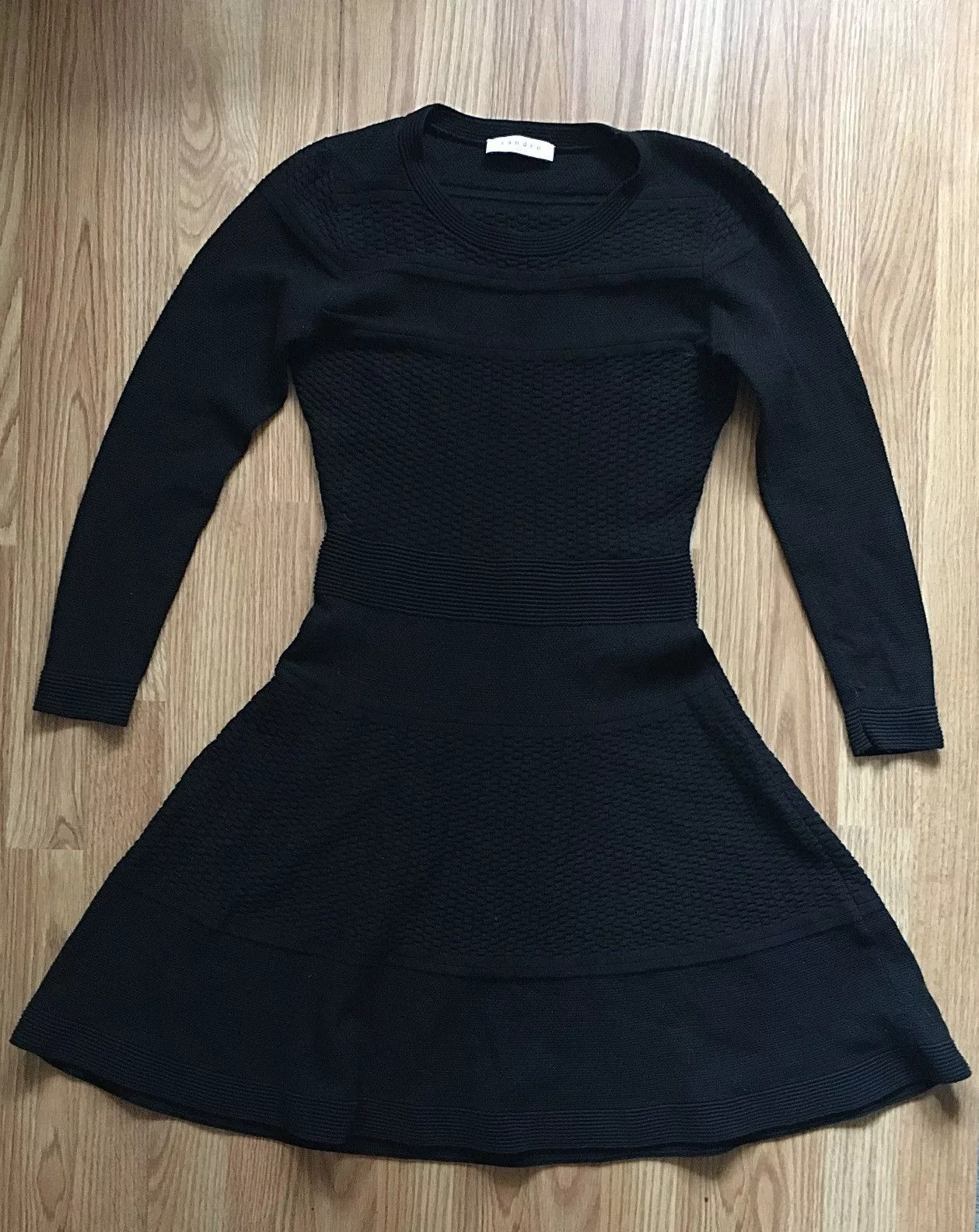 Sandro Midi Dresses SANDRO Paris Black Knit Cotton Long Sleeve Dress Size 2