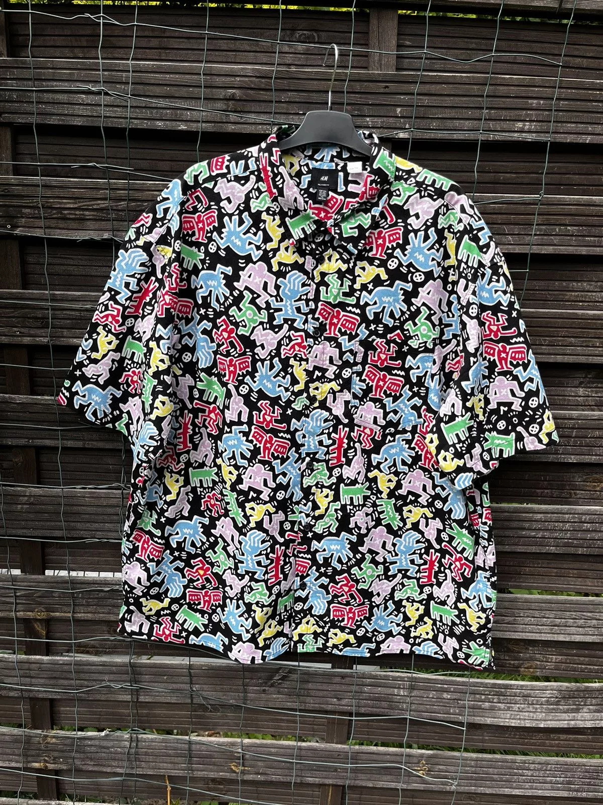 H&M Shirts Button Ups H&M × Keith Haring 🔴 Keith Haring H&M Grail Overprinted Button Up Shirt Y2K Multi Streetwear