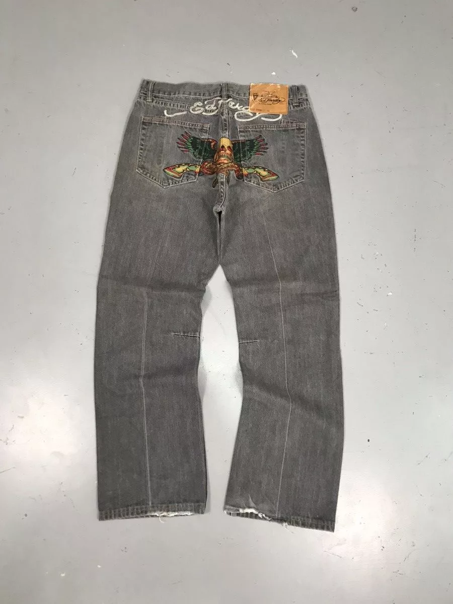 Ed Hardy Denim Ed Hardy × Vintage Rare Crazy Ed Hardy Skull Embroidered Denim Gray Streetwear