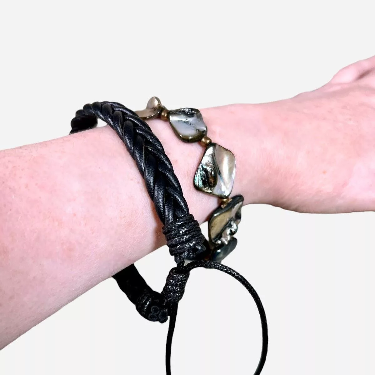 Handmade Bracelets Handmade Two Bracelet Combo Leather Shell Unisex Adjustable Size Black
