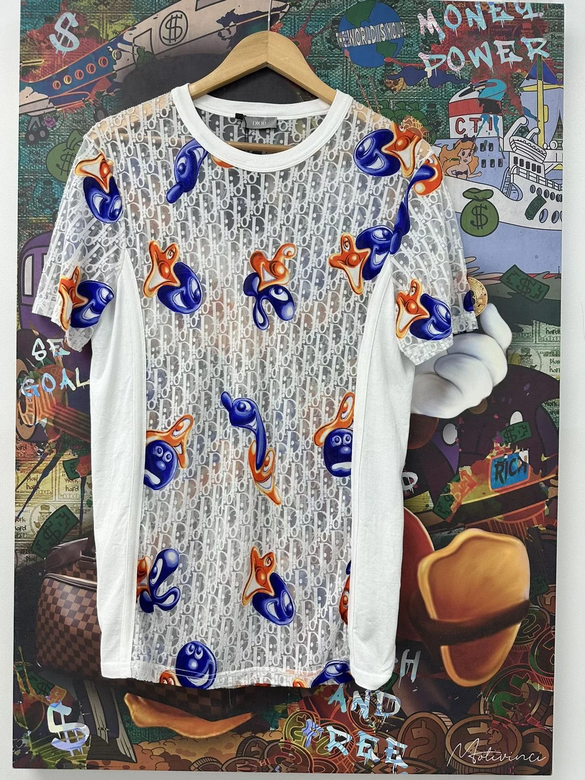 Dior Short Sleeve T Shirts Dior Kenny Scharf See-Thru Oblique Monogram T Shirt White