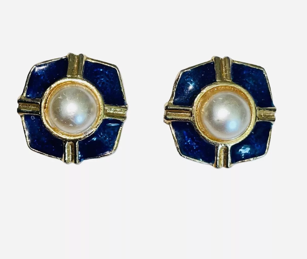 Vintage Earrings Estate Vintage 1980’s Pearl Guilloche “Coco” Earrings Blue