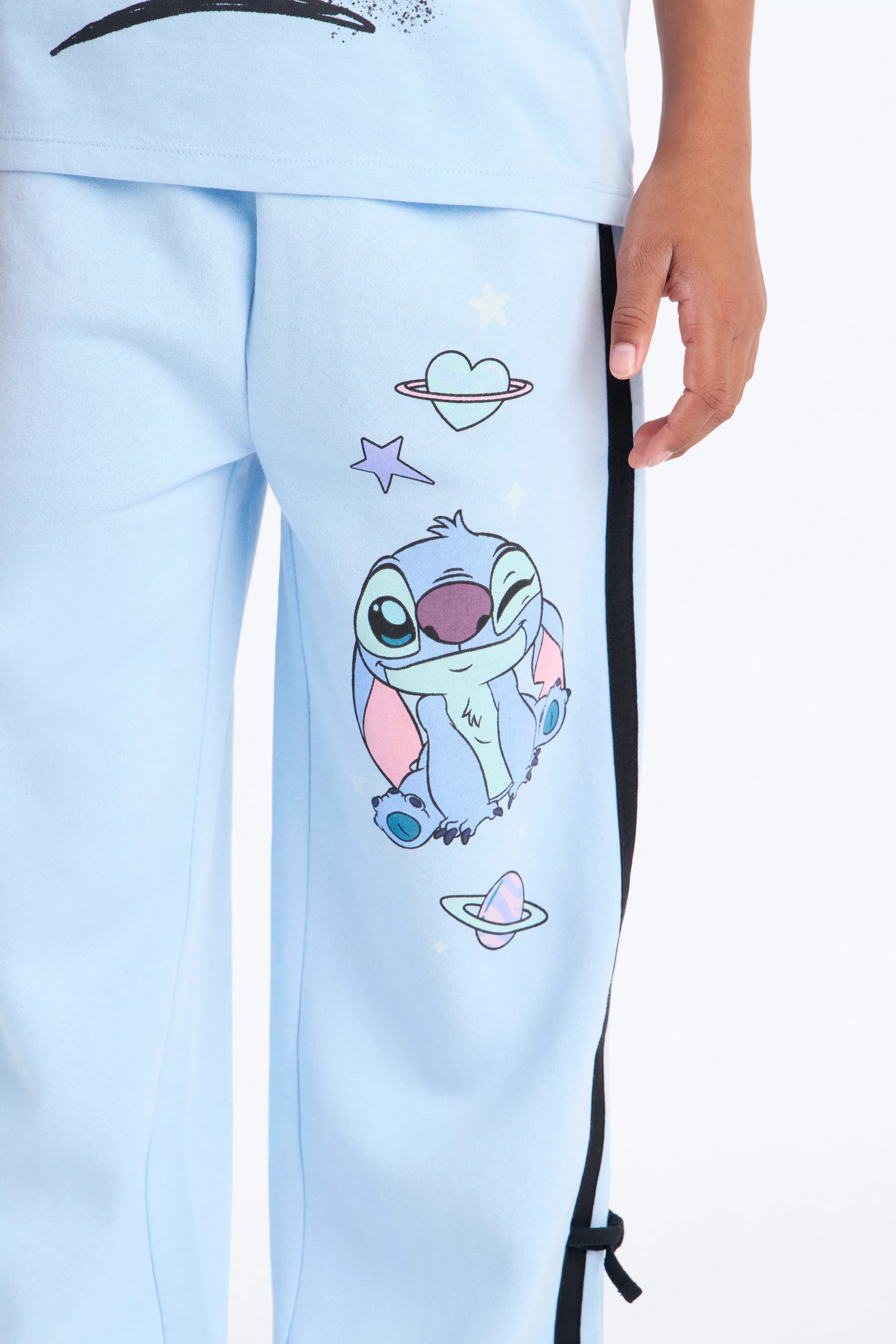 Mini Stitch Graffiti Wide Leg Pant Set - Light Blue
