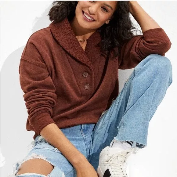 American Eagle Outfitters Sweaters American Eagle Outfitters American Eagle Sherpa Sweater Collared Henley Sweater Brown
