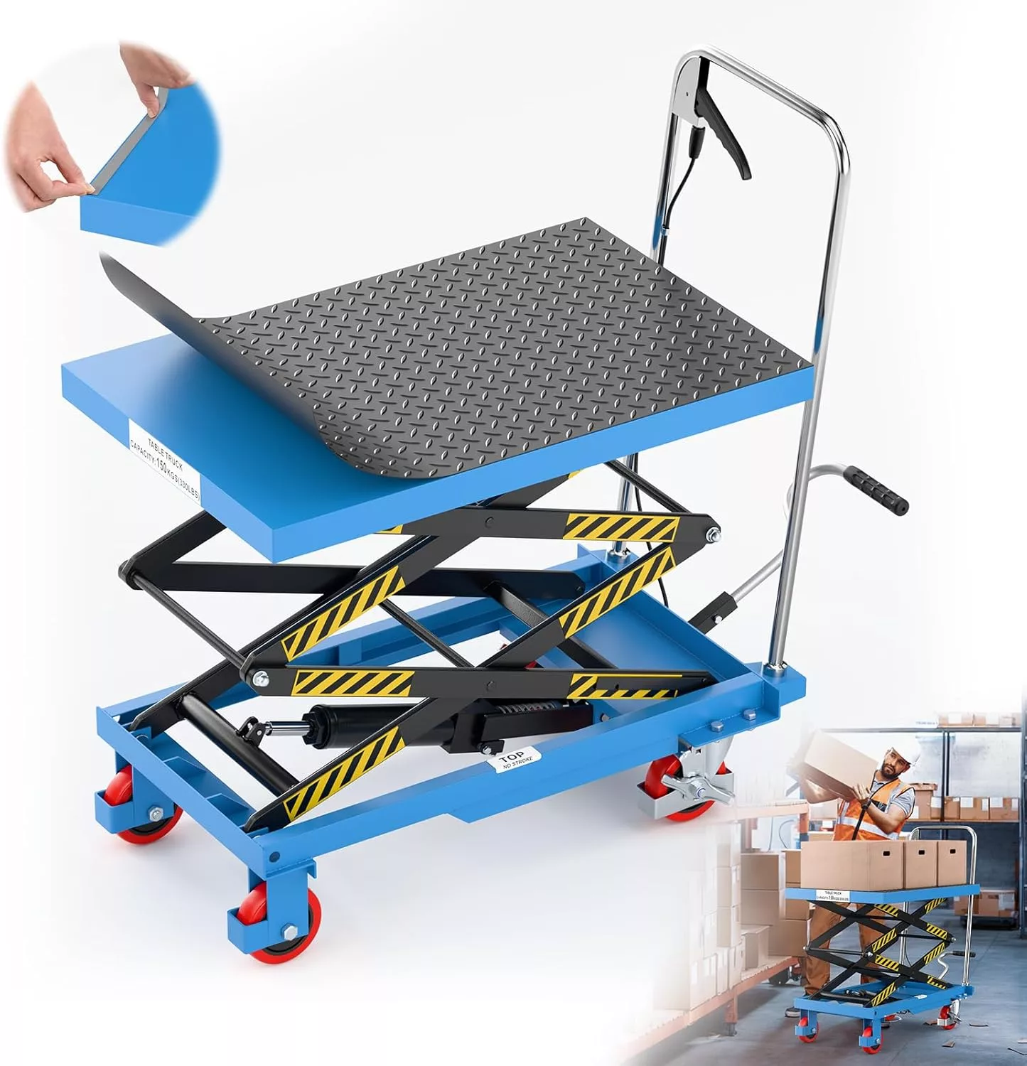 Hydraulic Lift Table Cart, 330lb Capacity, 50" Height, Double Scissor