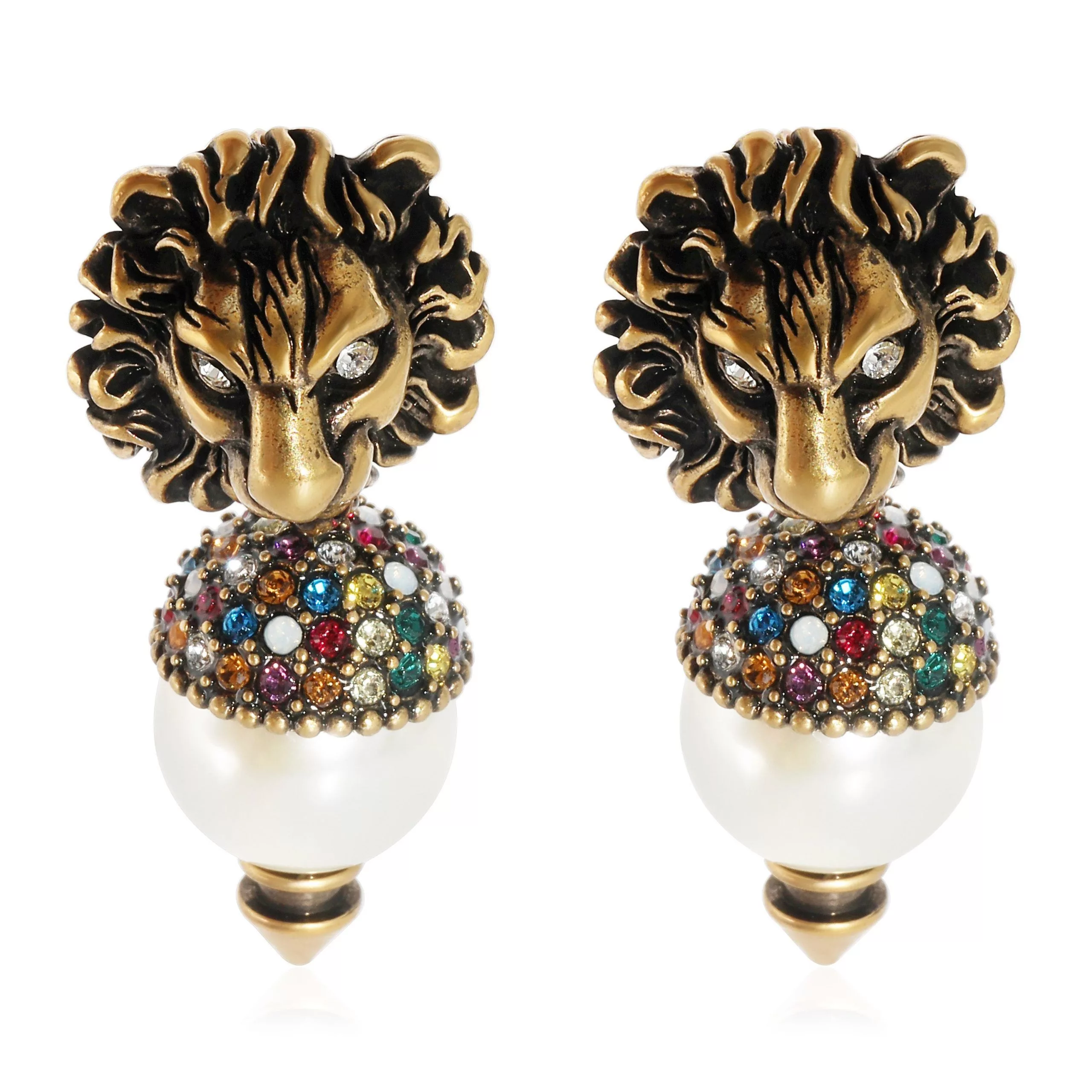 Gucci Rings Gucci Lion Head Faux Pearl & Crystal Brass Tone Drop Earrings Gold