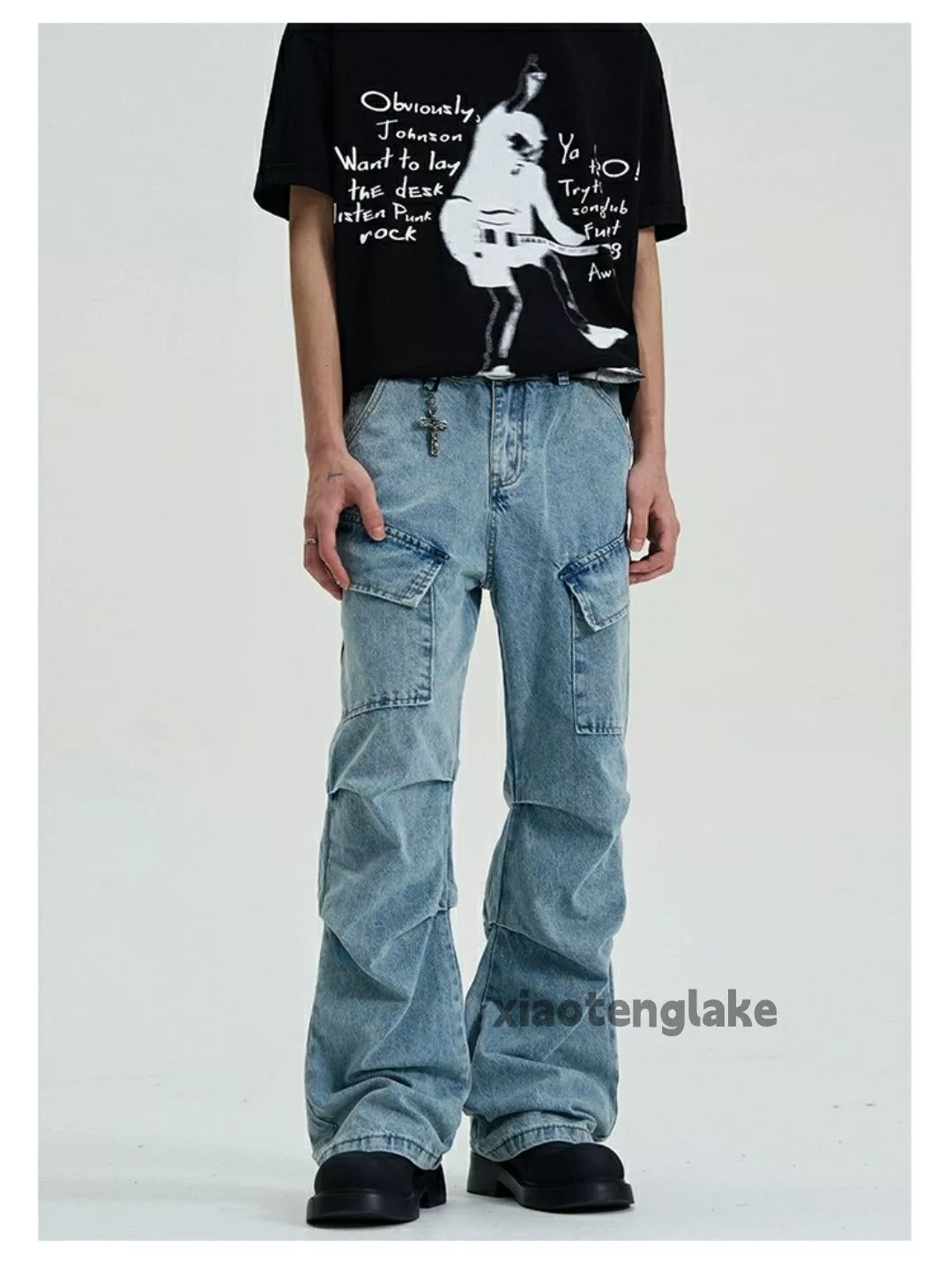 Jean Denim Jean × Vintage washed faded pleated punk grunge flared cargo jeans Blue