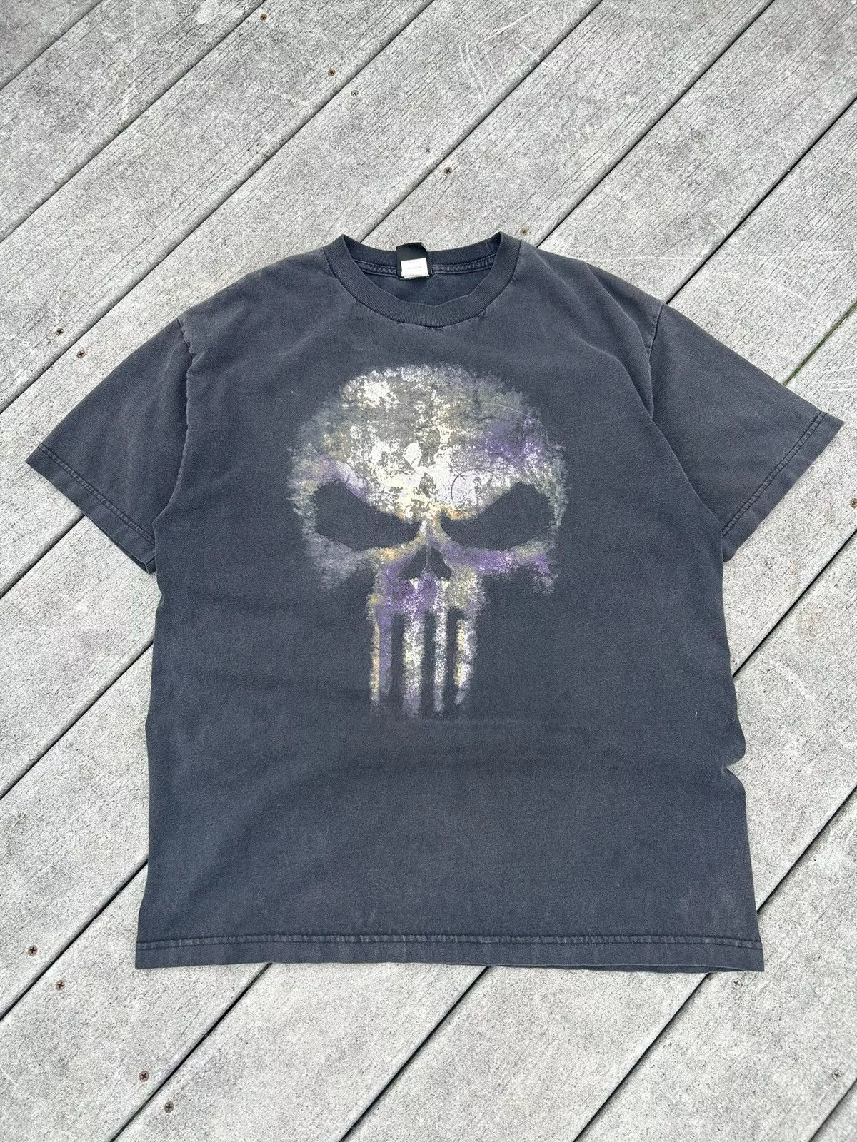 Mad Engine Short Sleeve T Shirts Mad Engine × Marvel Comics × Vintage Y2K Marvel Punisher skull Shirt Black