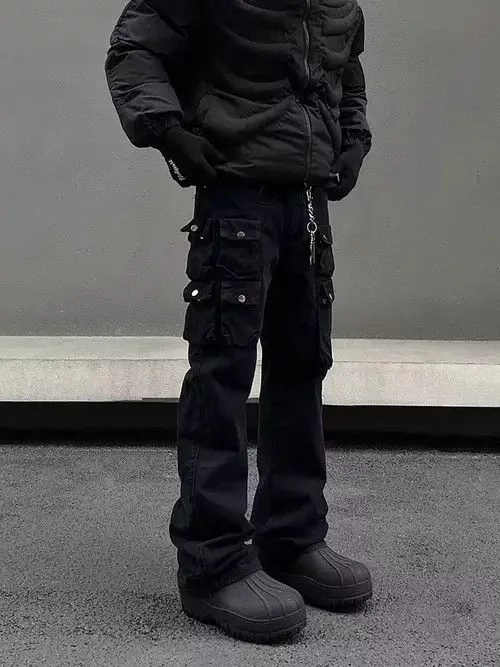 Japanese Brand Denim Japanese Brand × Jean Street Retro Heavyweight Multi-Pocket Cargo Jeans Black Streetwear