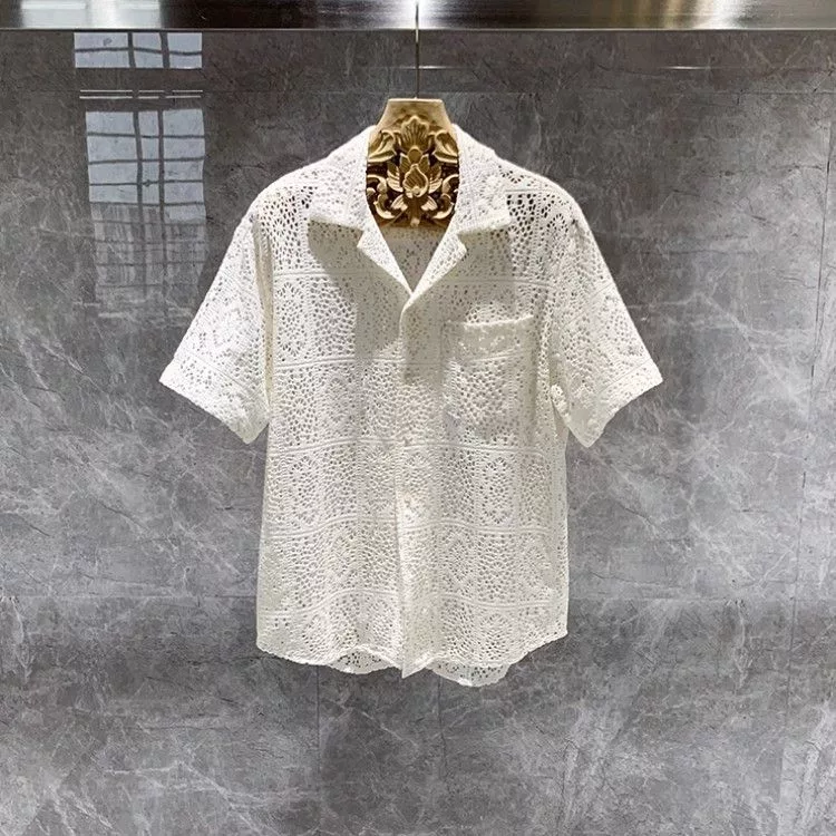 Designer Shirts Button Ups Designer × Vintage Men Vintage Crochet Shirt Holiday Beach Beige Streetwear