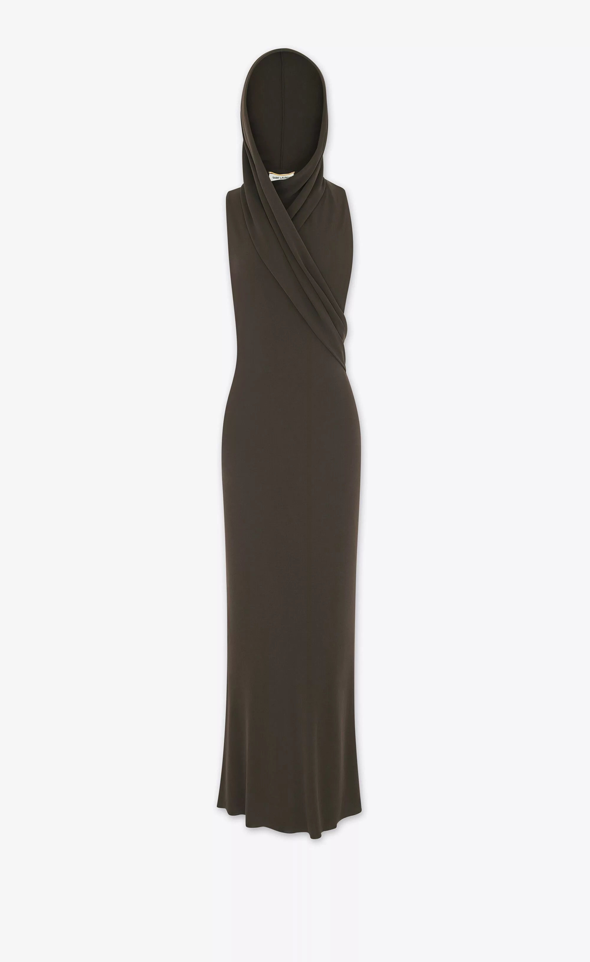 Saint Laurent Paris Maxi Dresses Saint Laurent Paris o1b1hav110724 Hooded Dress in Crepe Jersey in Brown