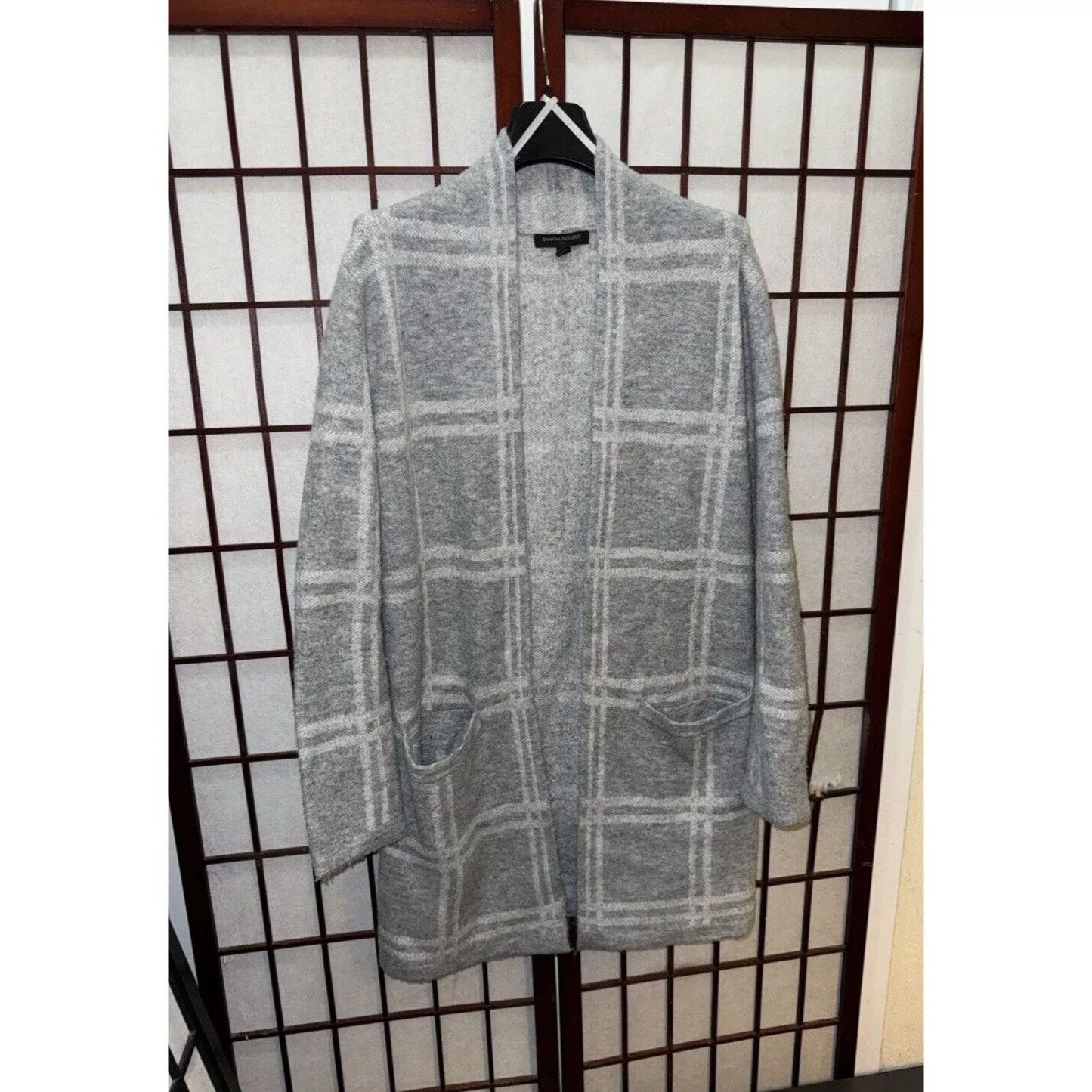 Banana Republic Coats Banana Republic Windowpane Plaid Open Front Longline Cardiga Gray