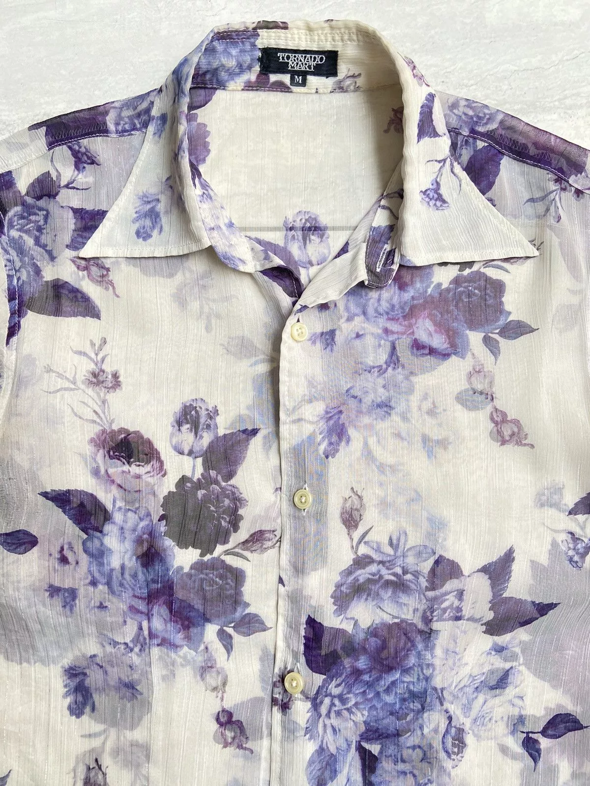 Tornado Mart Shirts Button Ups TORNADO MART Flower Patterned Mesh Shirt White