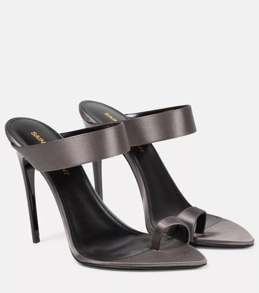 Saint Laurent Paris Heels Saint Laurent Paris o1s1wg110724 Martha Mules in Silk Satin in Storm Grey Gray