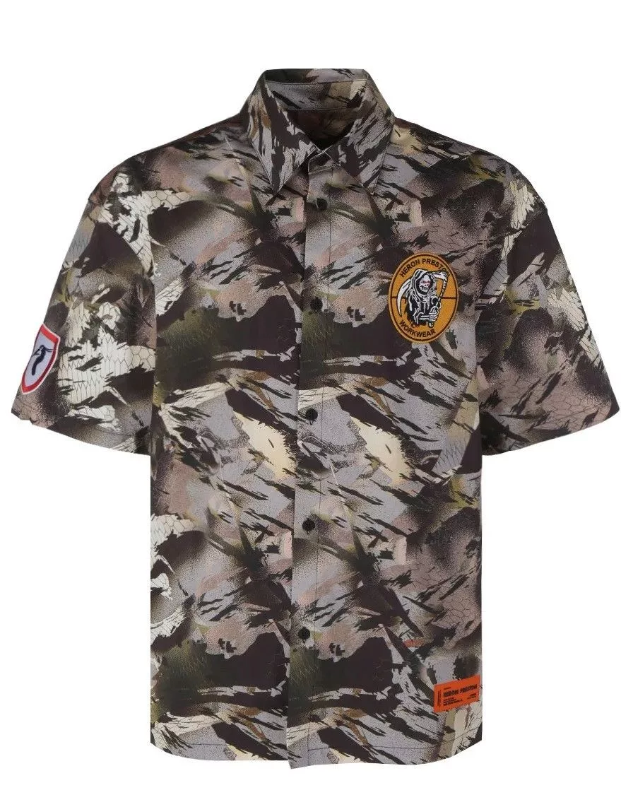 Heron Preston Shirts Button Ups Heron Preston Camo Button Up Shirt Logo Bowler Patches Gold
