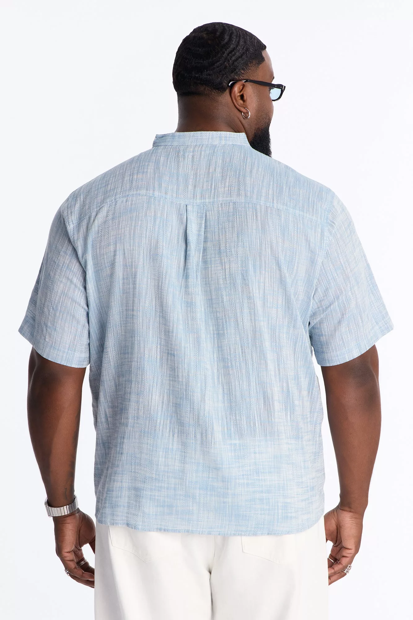 Slub Texture Cuban Collar Button Up Shirt - Blue