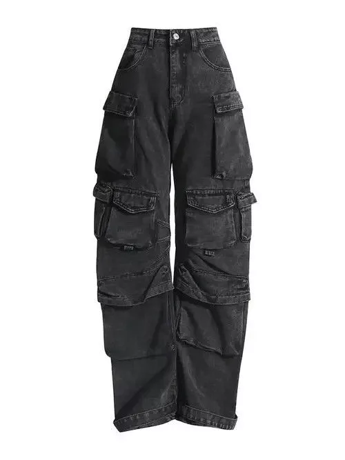 Designer Denim Designer Minimalistic denim pants with multiple pockets. Black Avant-Garde