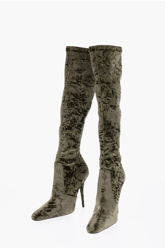 Saint Laurent Paris Boots Saint Laurent Paris Pointed Velour Knee-Lenght Boots in green