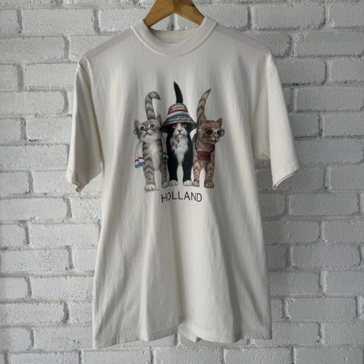 Vintage Short Sleeve T Shirts Vintage Holland Cats Tee White