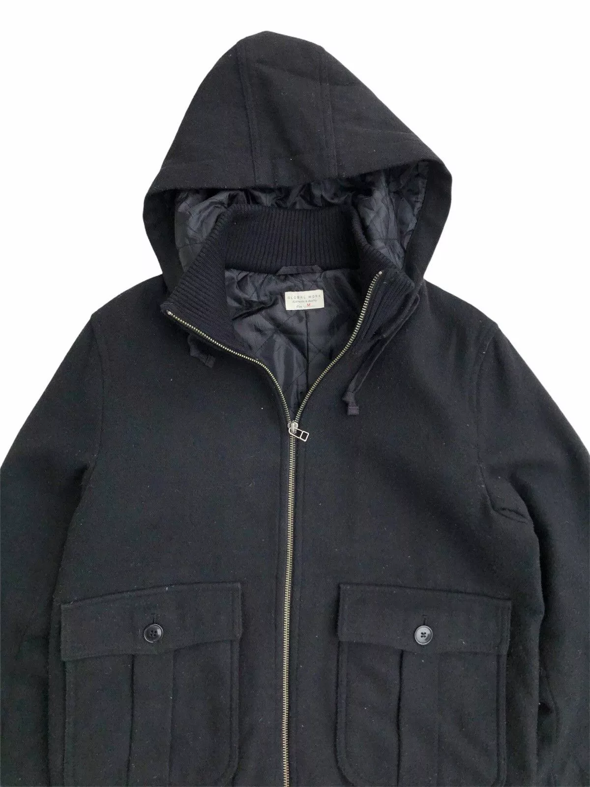 Global Work Bombers Global Work Wool Hoodie Military Pocket Jacket Black