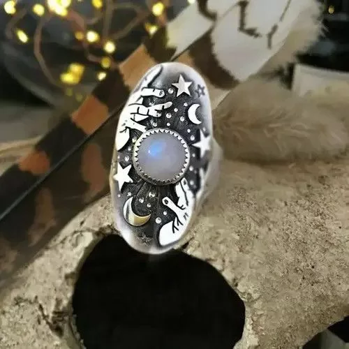 Other Rings Other × Vintage Retro Oval Moon Star Pattern Ring Silver Streetwear