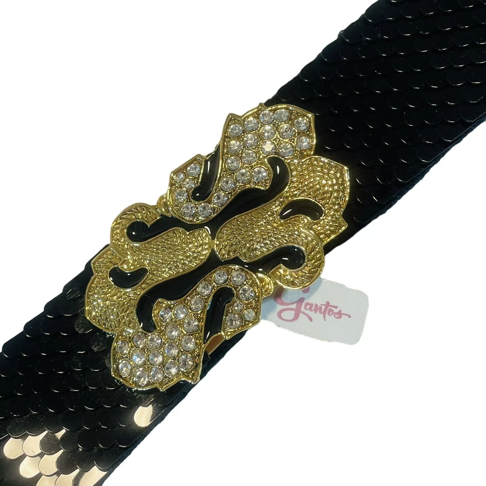 Vintage Belts Vintage Gantos S Black Sequence Belt W Gold Bling Buckle Str