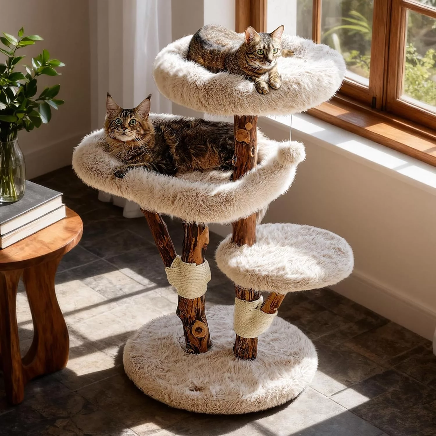 Cat Tree Tower for Large Cats Solid Wood Sisal Scratching Post Faux Fur Perches Platforms Toy Ball
