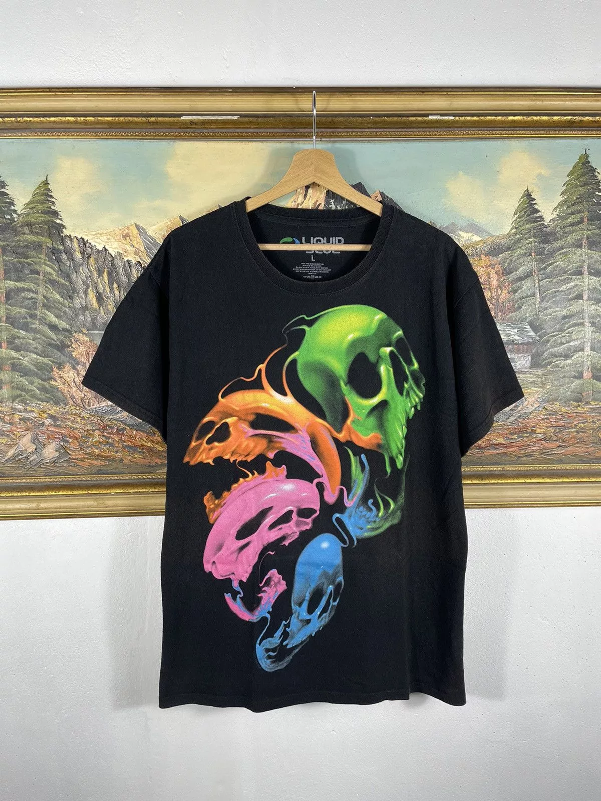 Liquid Blue Short Sleeve T Shirts Liquid Blue × Vintage Black vintage retro y2k 00s Multicolor skulls Big logo Streetwear