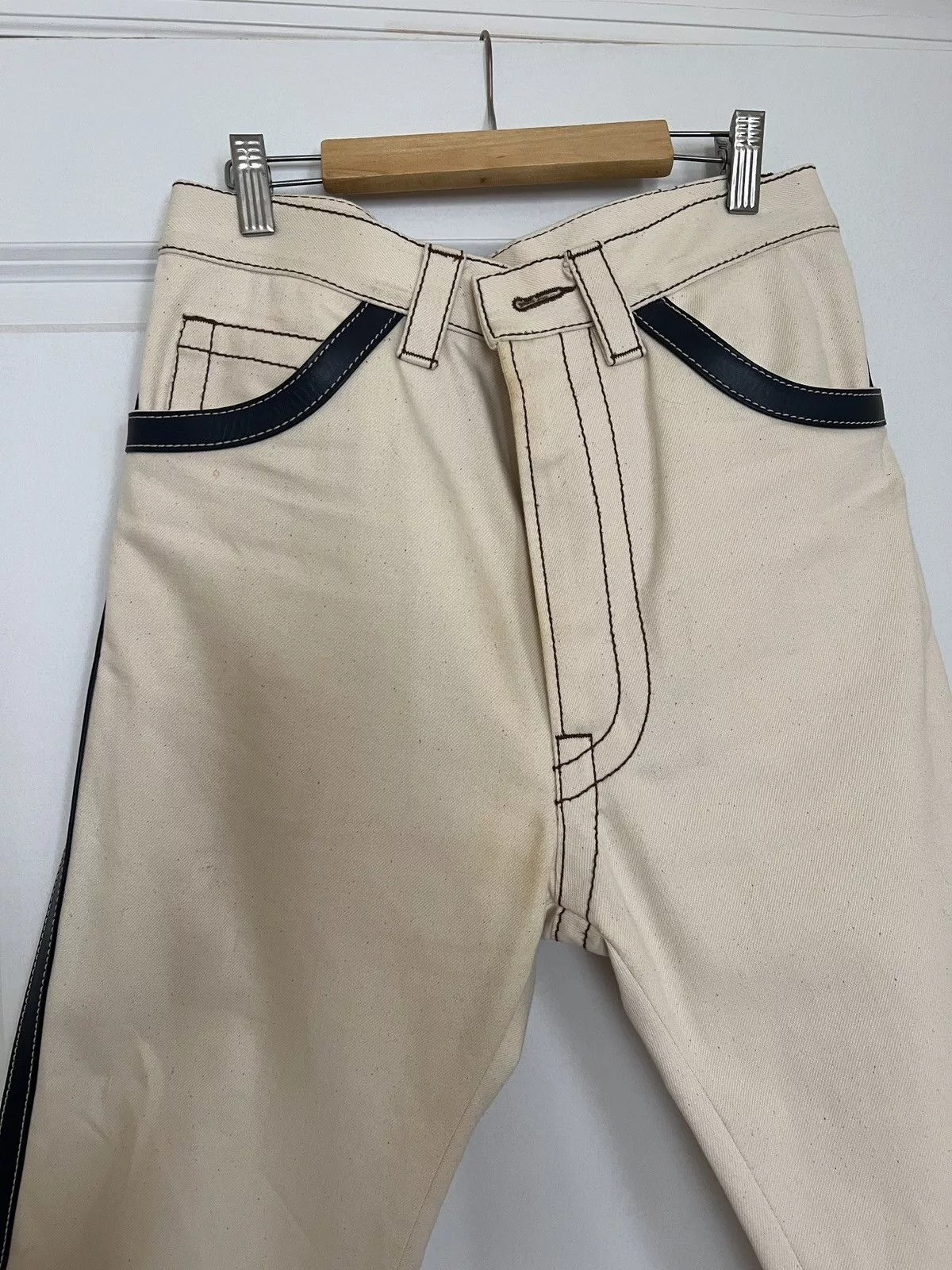 Prada Denim PRADA Spring 2015 leather trim natural color denim jeans 30 White