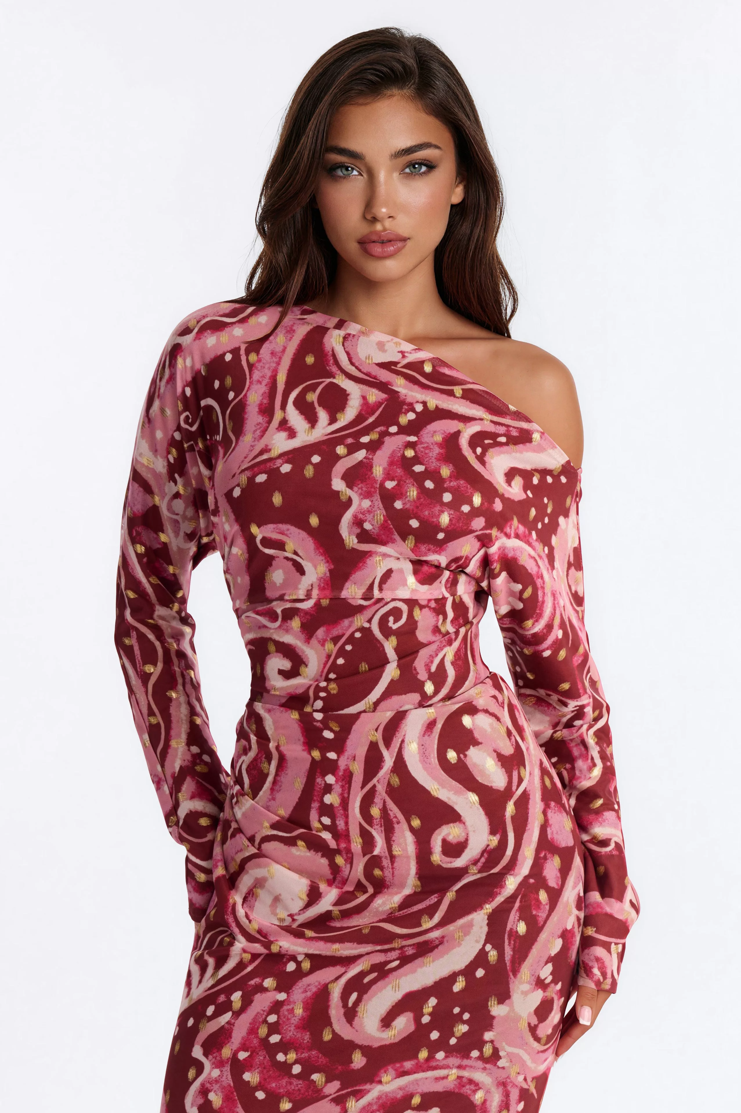 Mila Off Shoulder Maxi Dress - Rust/combo