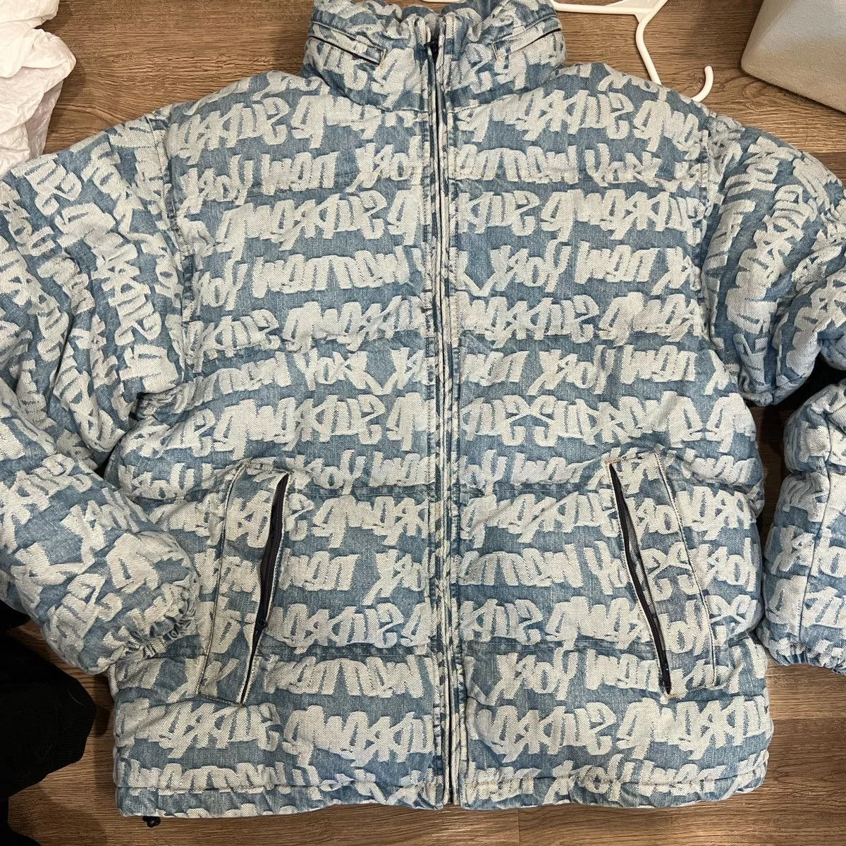 Supreme Heavy Coats Supreme Fat Tip Jacquard Denim Puffer Jacket Blue Streetwear