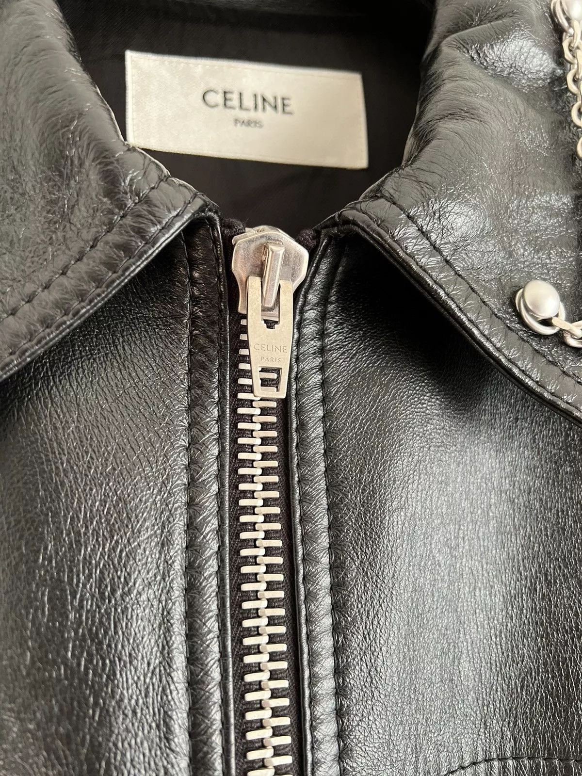 Celine Leather Jackets Celine × Hedi Slimane CELINE Oversized chains Leather Blouson Jacket Black