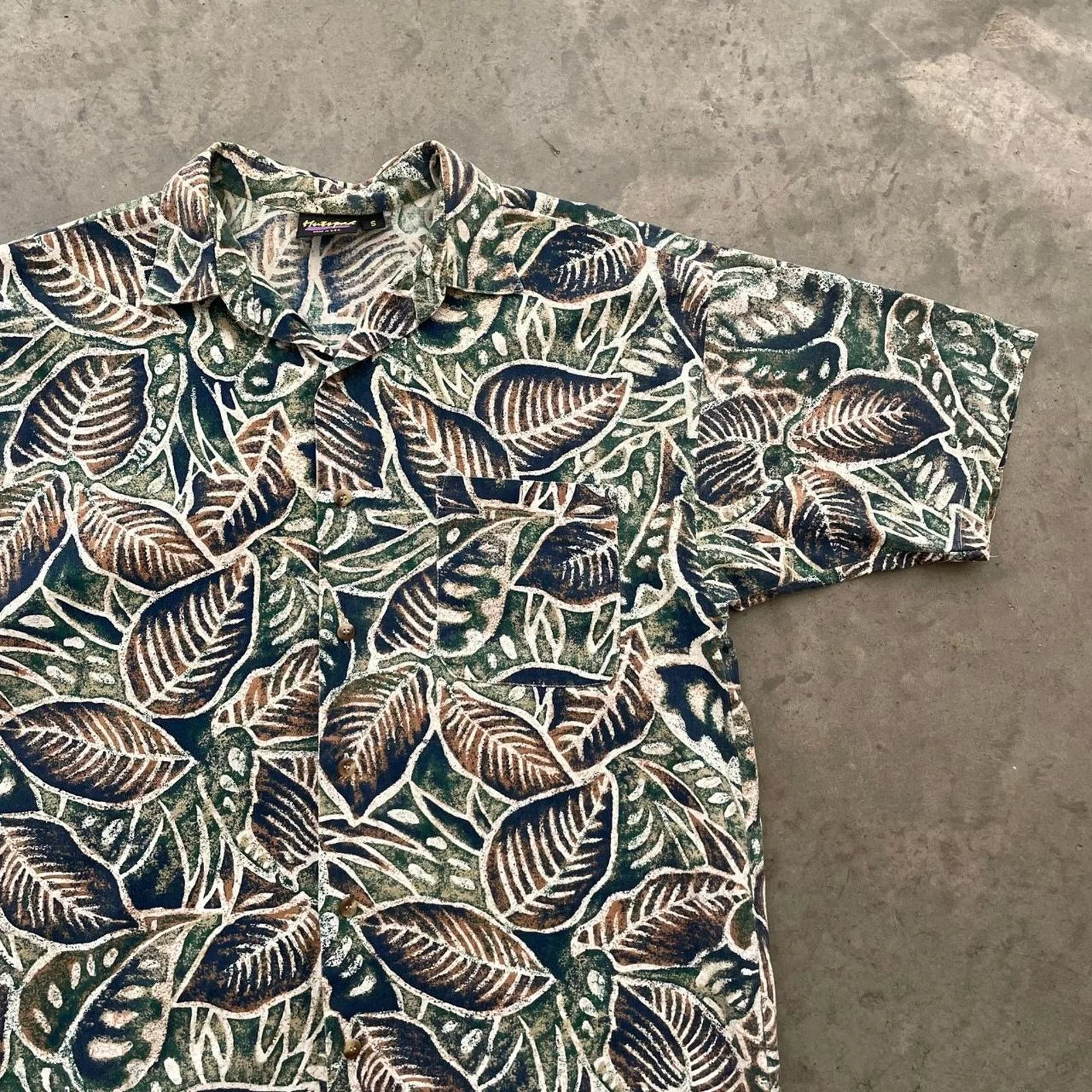 Vintage Shirts Button Ups Vintage Hutspah Navy and Green Floral Hawaiian Shirt Blue