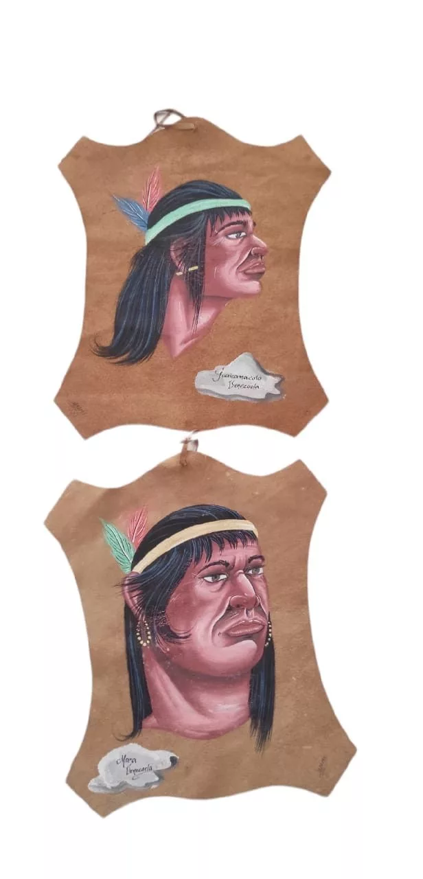 Handmade Miscellaneous Handmade × Leather 2 Native American Portrait Hand Painting On Leather Signed Brown Vintage