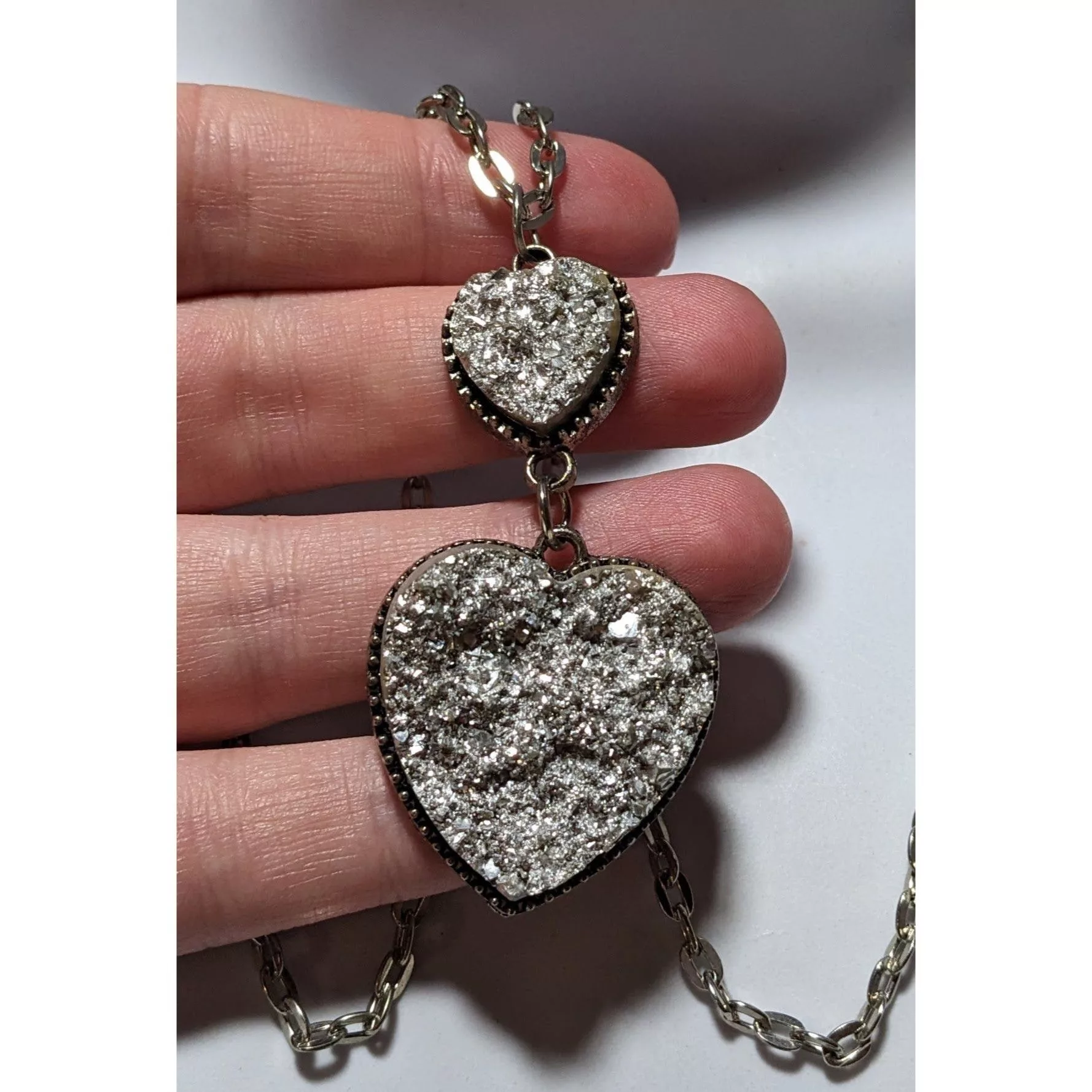 Other Necklaces Other Silver Druzy Double Heart Necklace