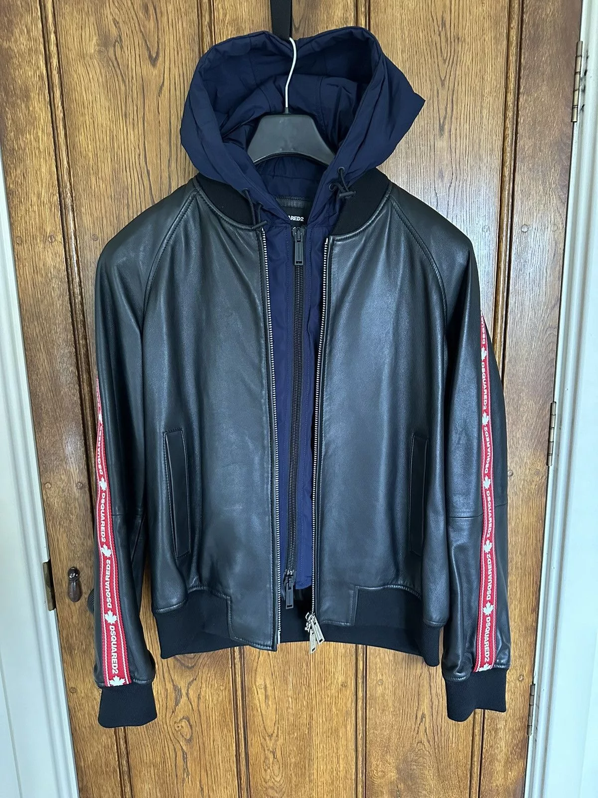 Dsquared2 Leather Jackets Dsquared2 FW20 Dsquared tape logo leather hoodie jacket Grail Black