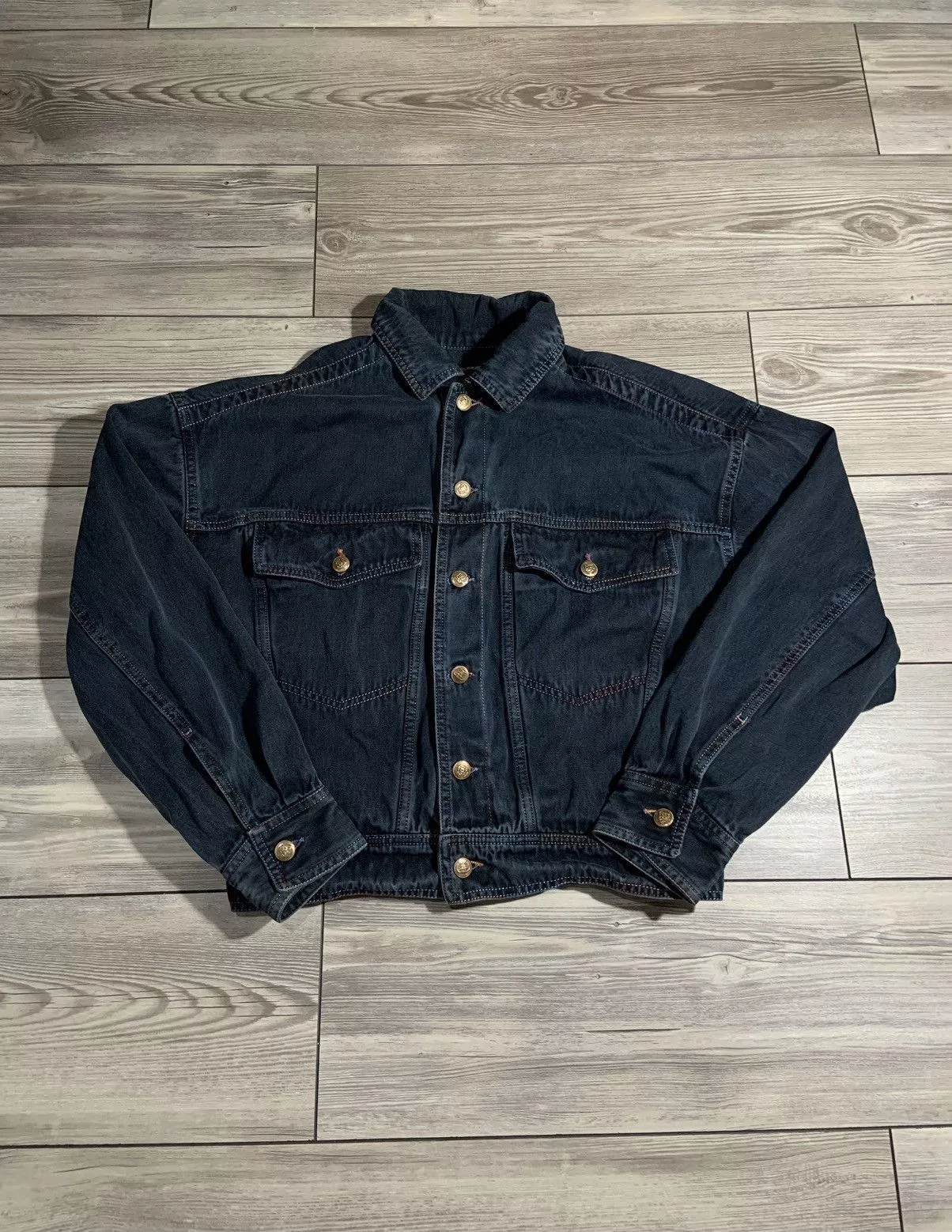 Versace Denim Jackets Versace × Vintage Vintage Versace Jeans Couture Rainbow Stitched Denim Jacket Blue Streetwear