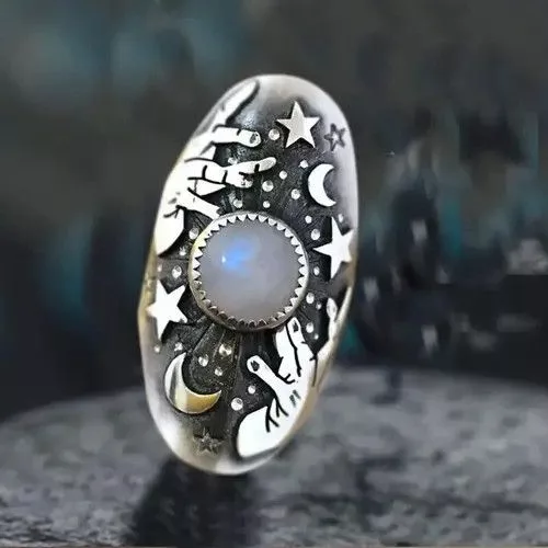 Other Rings Other × Vintage Retro Oval Moon Star Pattern Ring Silver Streetwear