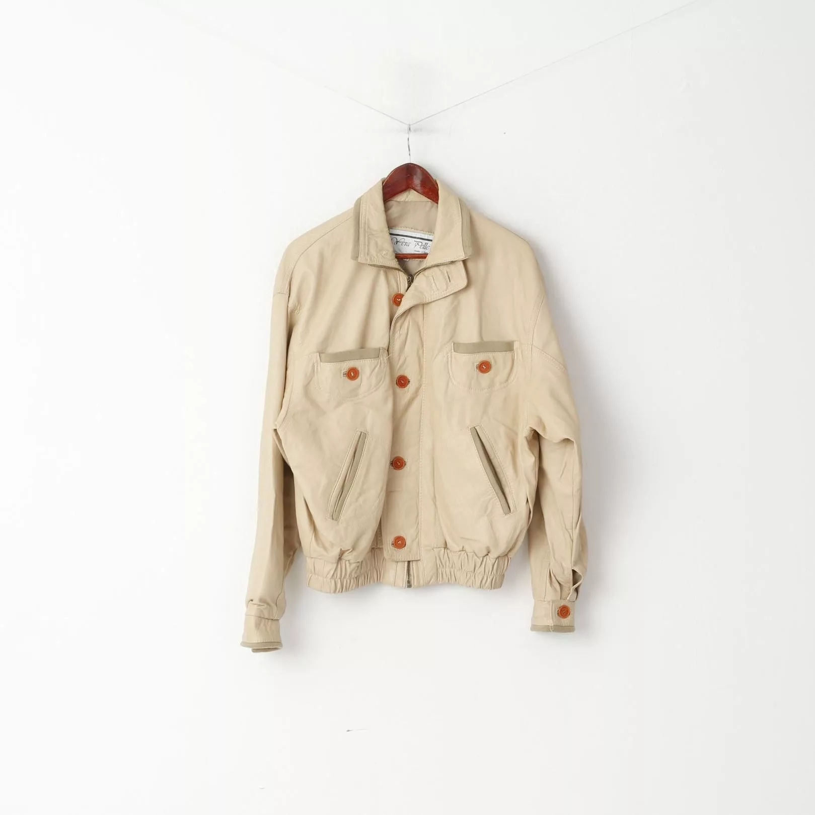 Other Bombers Other Vintage Men 50 M Leather Jacket Beige Bomber Pockets 5194