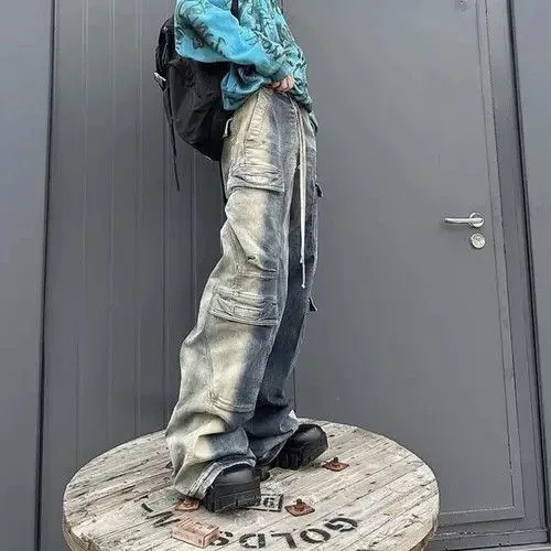 Jean Denim Unisex Multi-pockets Drawstring Jeans Streetwear