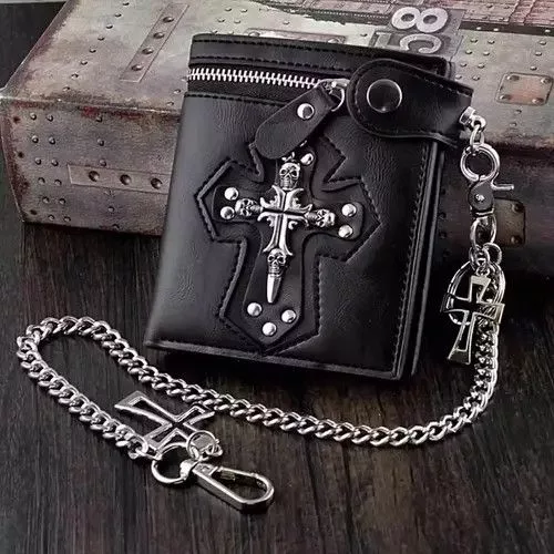 Leather Jewelry Watches Cross Clasp Leather Wallet with Antique Biker Chain Black