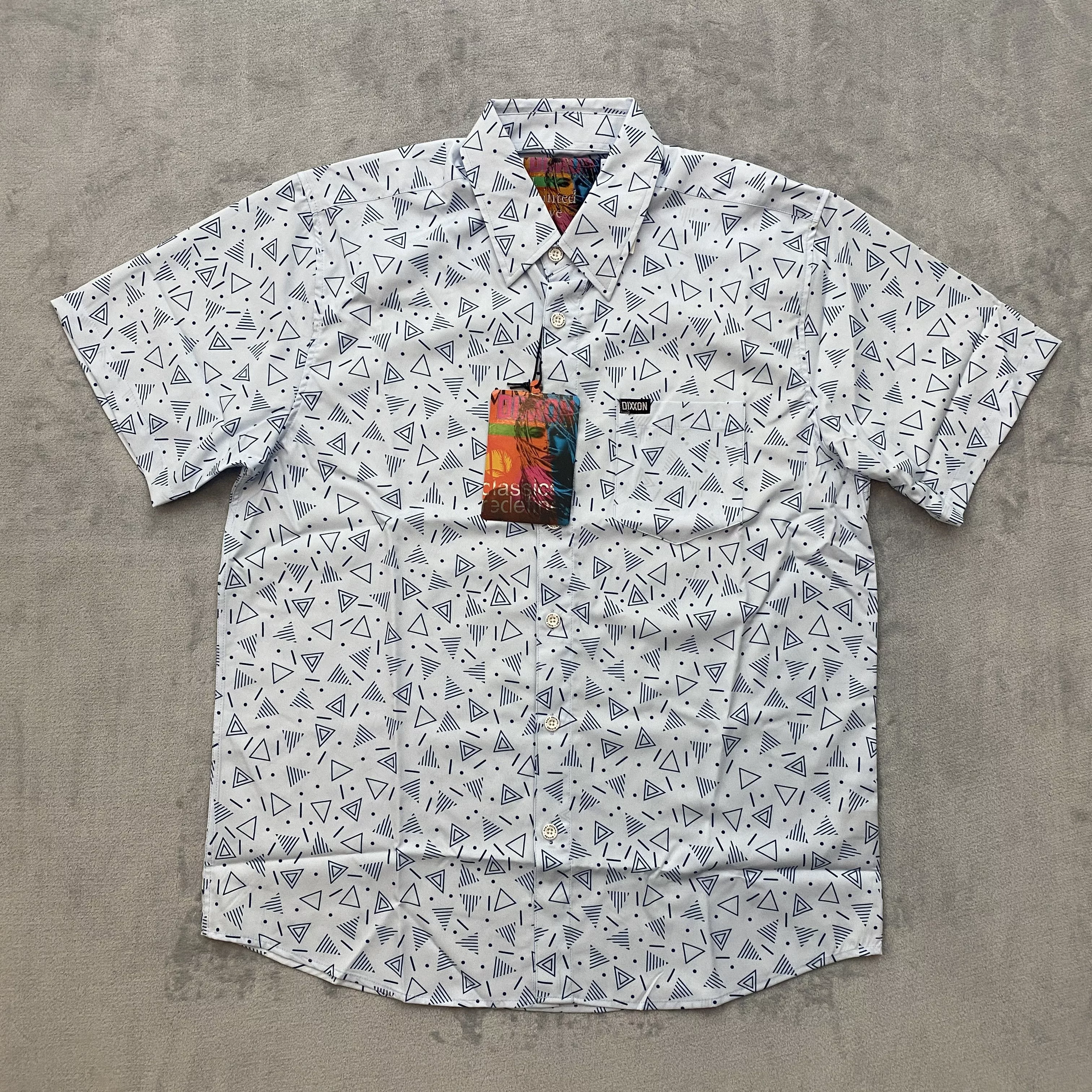 Dixxon Shirts Button Ups Dixxon Men Large TAINTED LOVE Geometric Short Sleeve Logo 90s Party Blue
