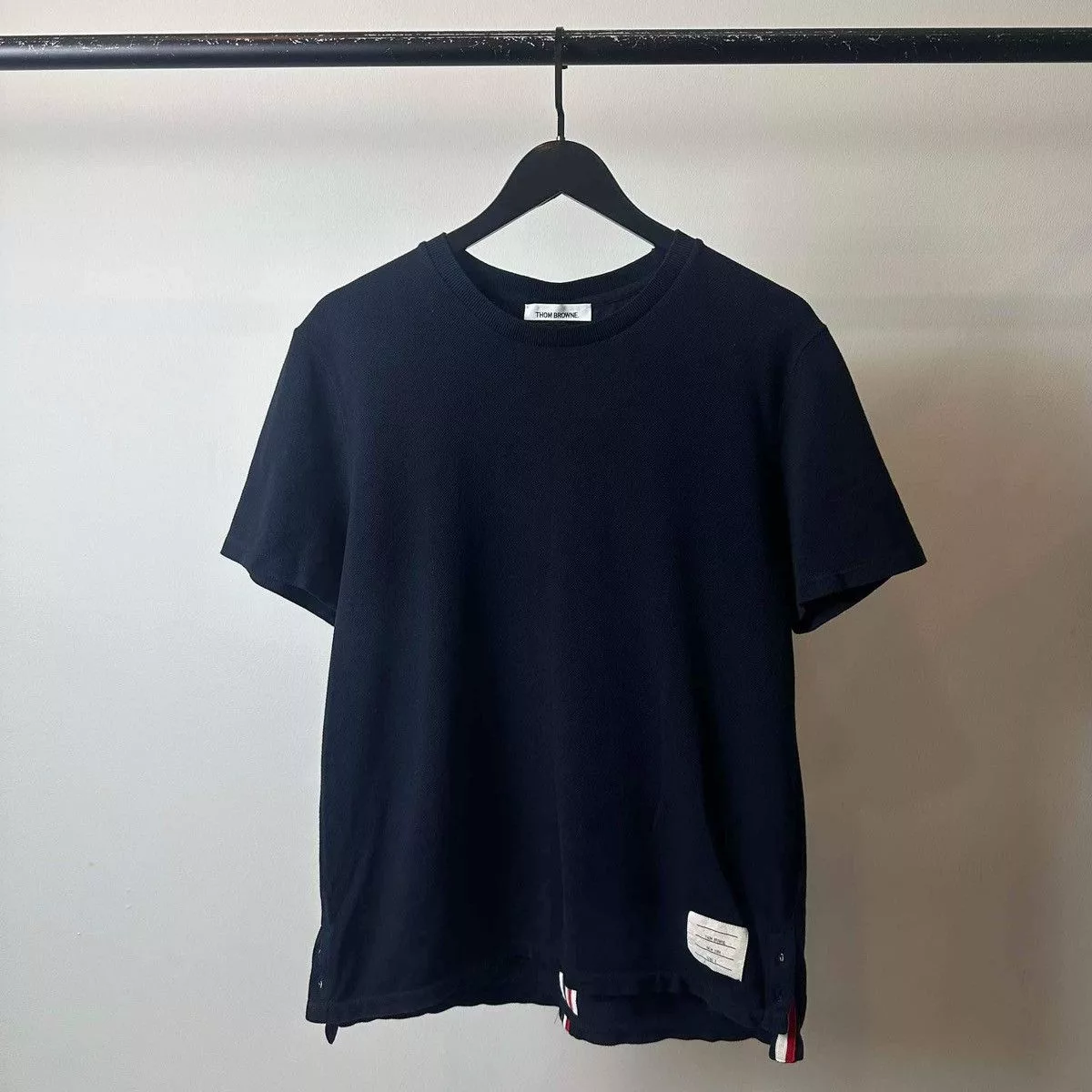 Thom Browne Short Sleeve T Shirts THOM BROWNE BACK STRIPED NAVY T SHIRT Blue Luxury