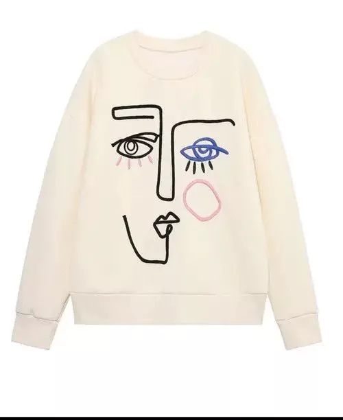 Japanese Brand Sweatshirts Japanese Brand × Vintage Zevity Women Fashion Abstract Portrait Embroidery White Streetwear