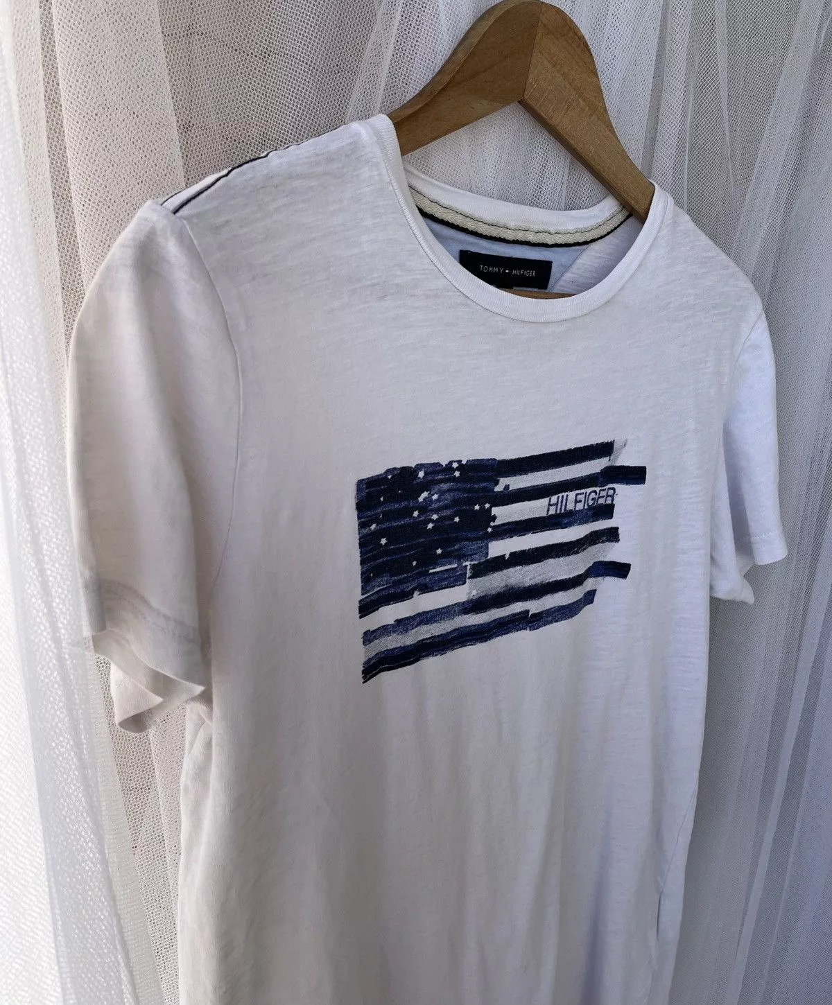 Tommy Hilfiger Short Sleeve T Shirts White T-shirt with a navy blue print. Tommy Hilfiger