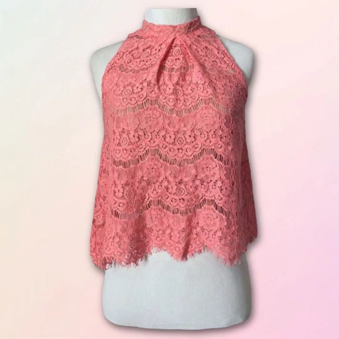 Vintage Blouses Vintage Fire, Los Angeles, Coral/Pink Lace, Mock Neck, Crop Tank Top