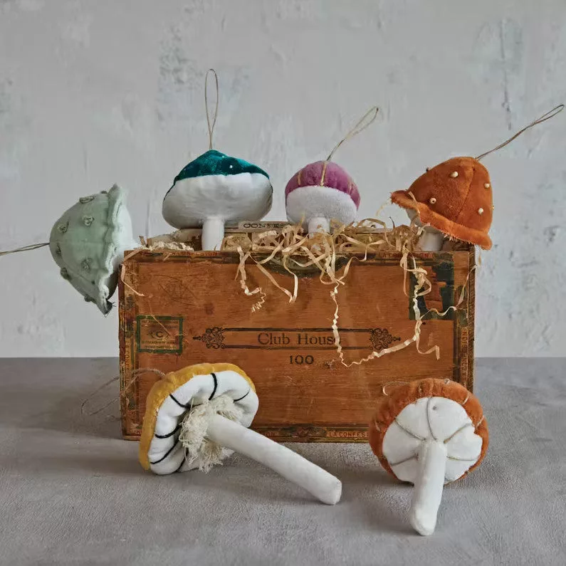 6" Velvet Mushroom Ornament, asstd