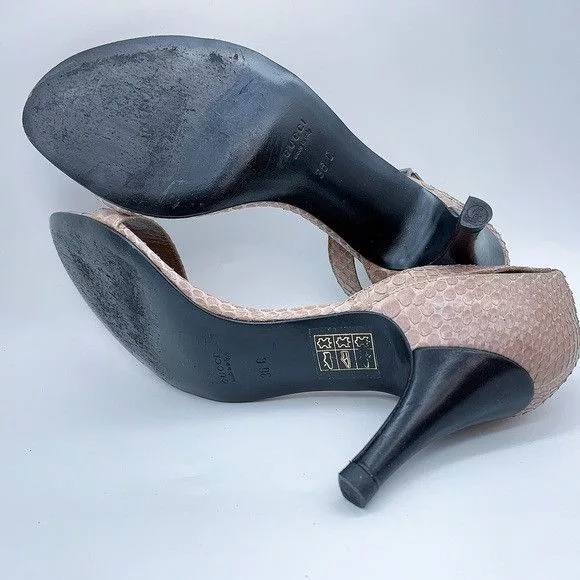 Gucci Heels Gucci Snake Pattern Kitten Heel Ankle Strap Leather Sandal Pink