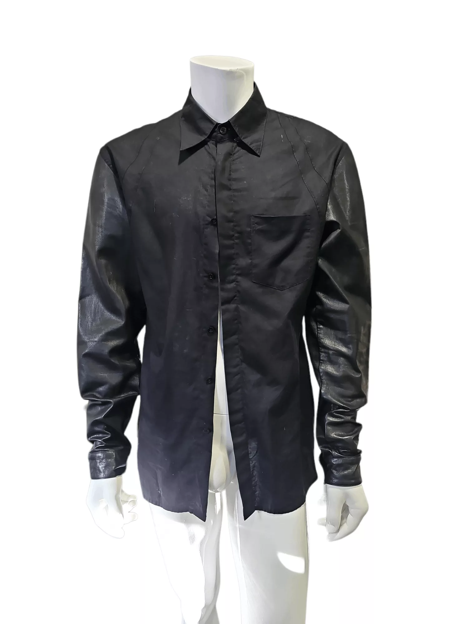 SKINGRAFT Shirts Button Ups Skingraft Collared Shirt with Lambskin Leather Sleeves Black