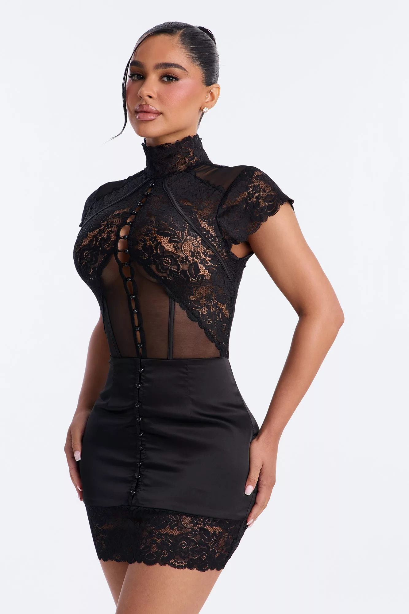 Mirabel Lace Button Up Mini Dress - Black
